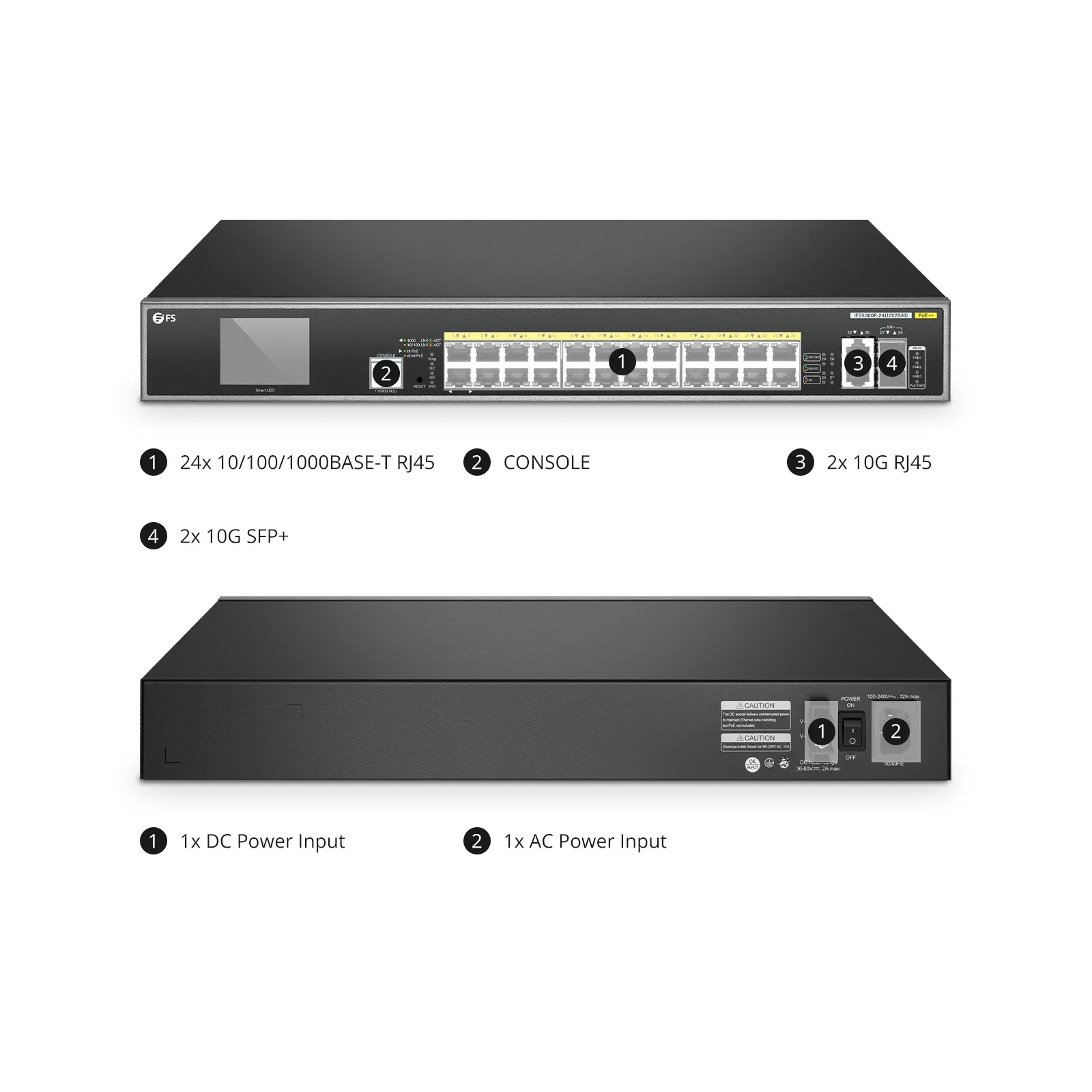 IES5300R-24U2X2SAD, 24-Port Gigabit Ethernet L3 Managed PoE++ Switch, 24 x PoE++ Ports@720W, 2 x 10GBASE-T, with 2 x 10Gb SFP+, 0 to 50&deg;C Operating Temperature