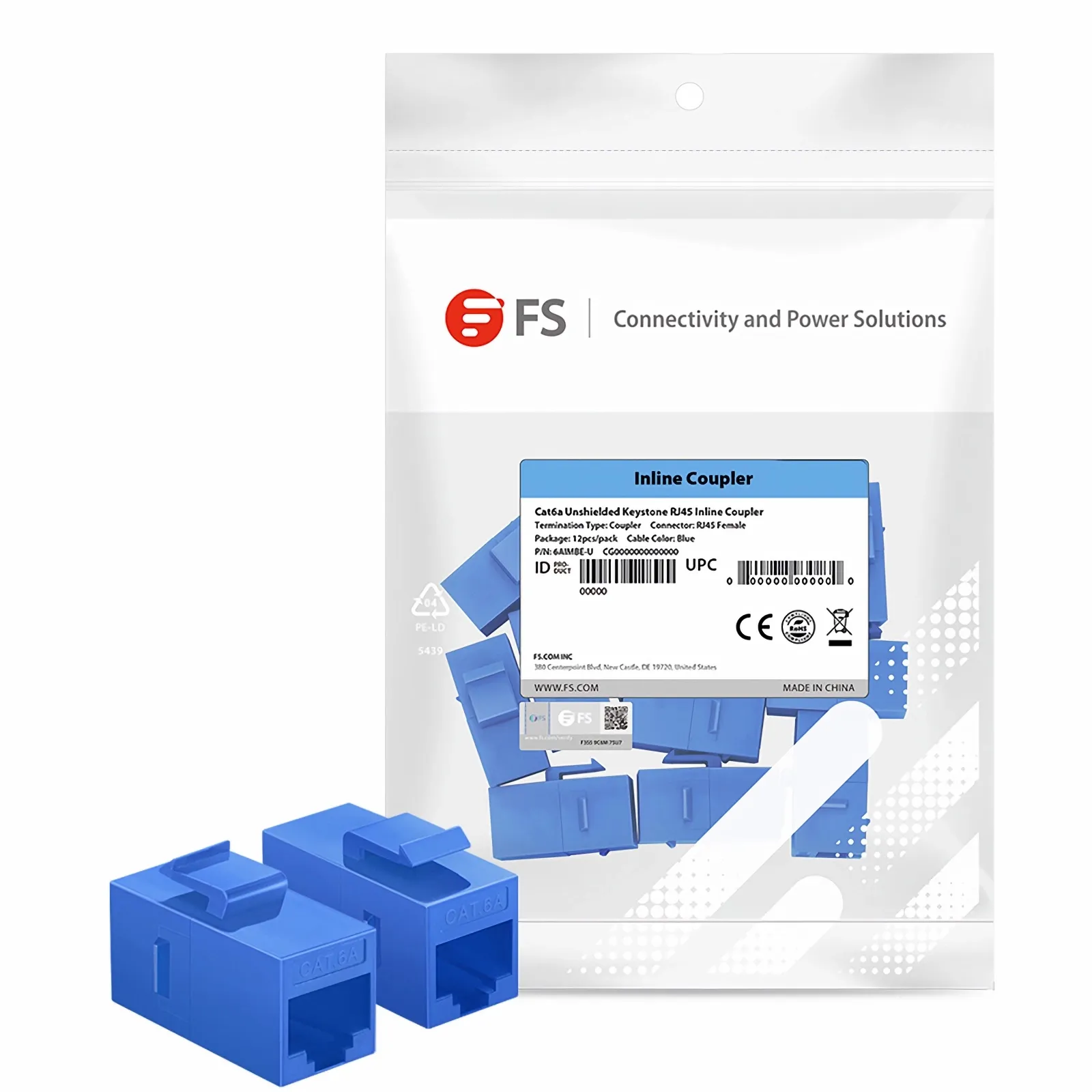 Cat6a Keystone RJ45 Coupler, Unshielded, Female to Female Insert