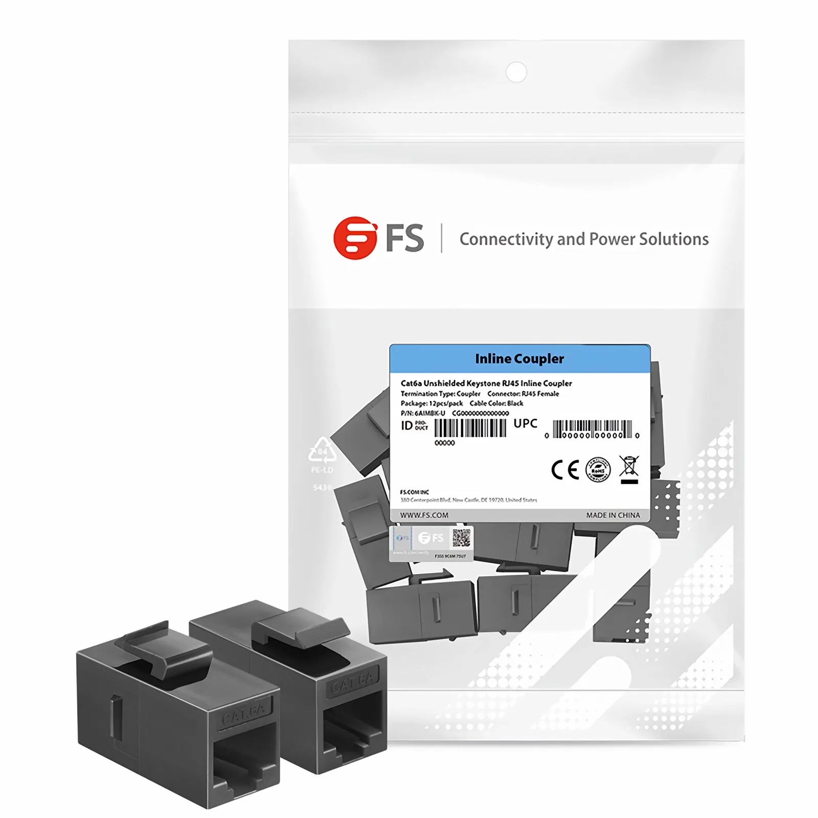 Cat6a Keystone RJ45 Coupler, Unshielded, Female to Female Insert