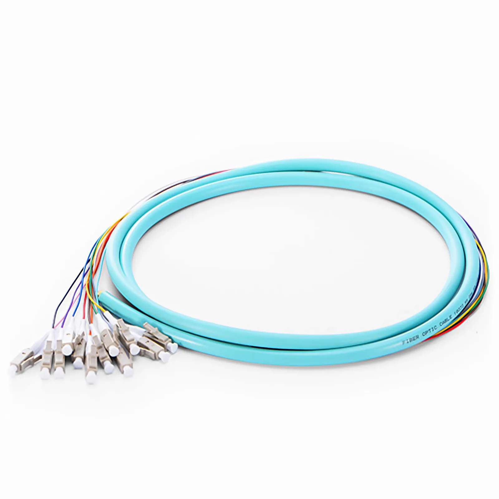 1.5m (5ft) Fiber Pigtail, LC UPC to Unterminated, 12 Fibers, Bunch, OM4 Multimode, PVC (Unrated), 0.9mm, Aqua