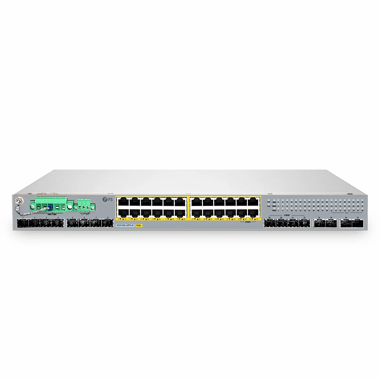 IES5100-24TS-P, 24-Port Gigabit Ethernet L2+ Managed Industrial PoE+ Switch, 20 x PoE+ Ports @720W, with 4 x 1Gb RJ45/SFP Combo, 8 x 1Gb SFP and 4 x 10Gb SFP+, Wide-Temp