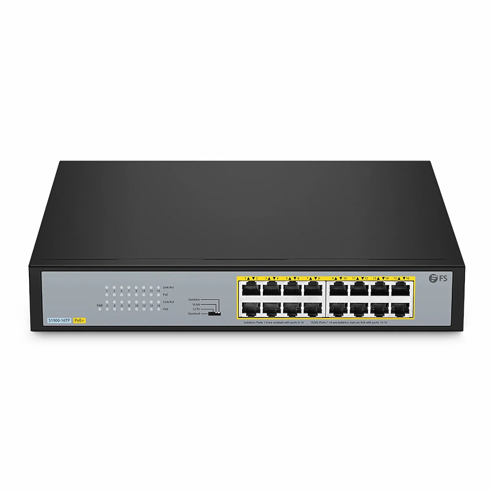 S1900-16TP, 16-Port Gigabit Ethernet L2 Unmanaged PoE+ Switch, 16 x PoE+ Ports@135W, Fanless, Desktop/Rackmount