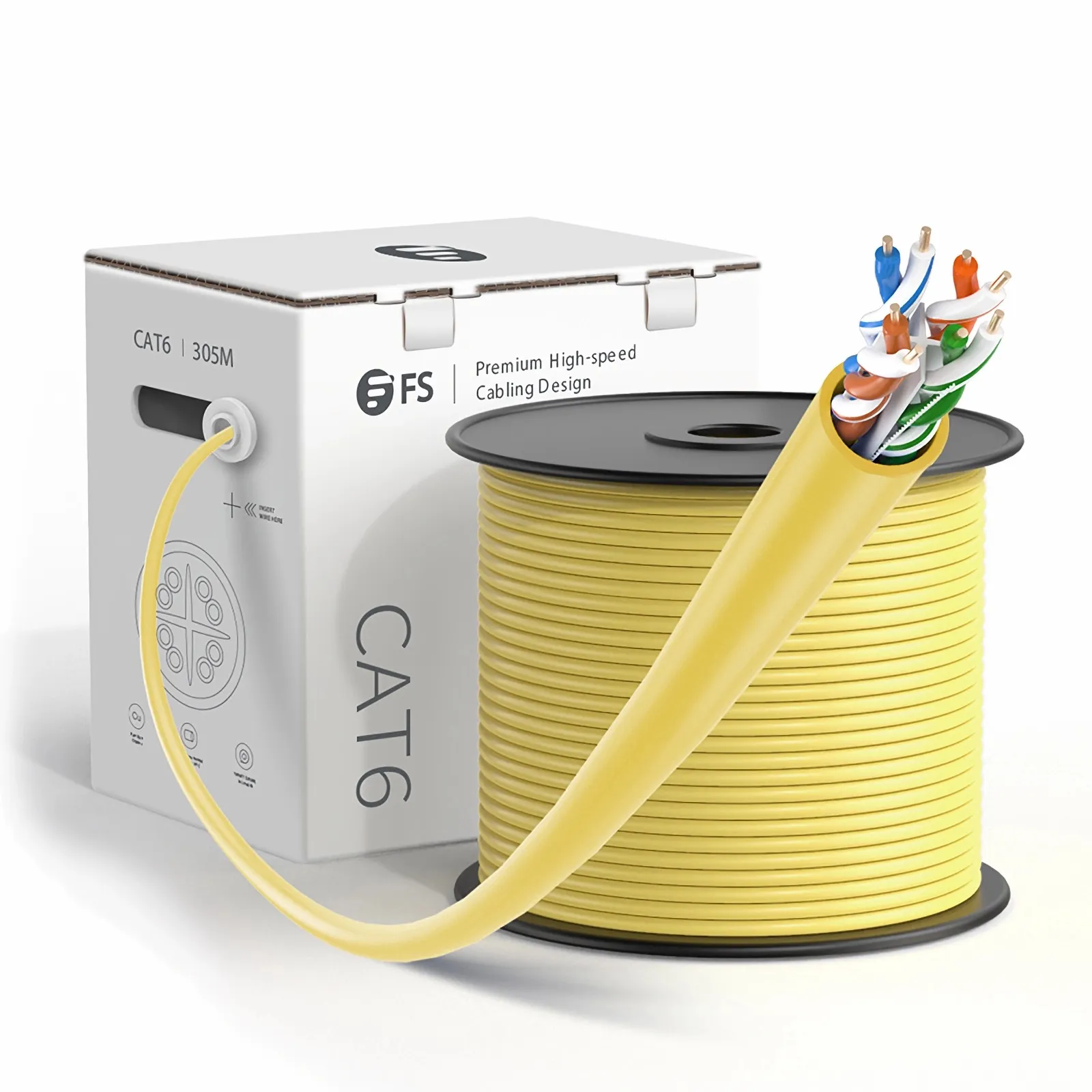 Cat6 Ethernet Solid Bulk Cable,1000ft, UTP, 23AWG, Yellow - FS.com