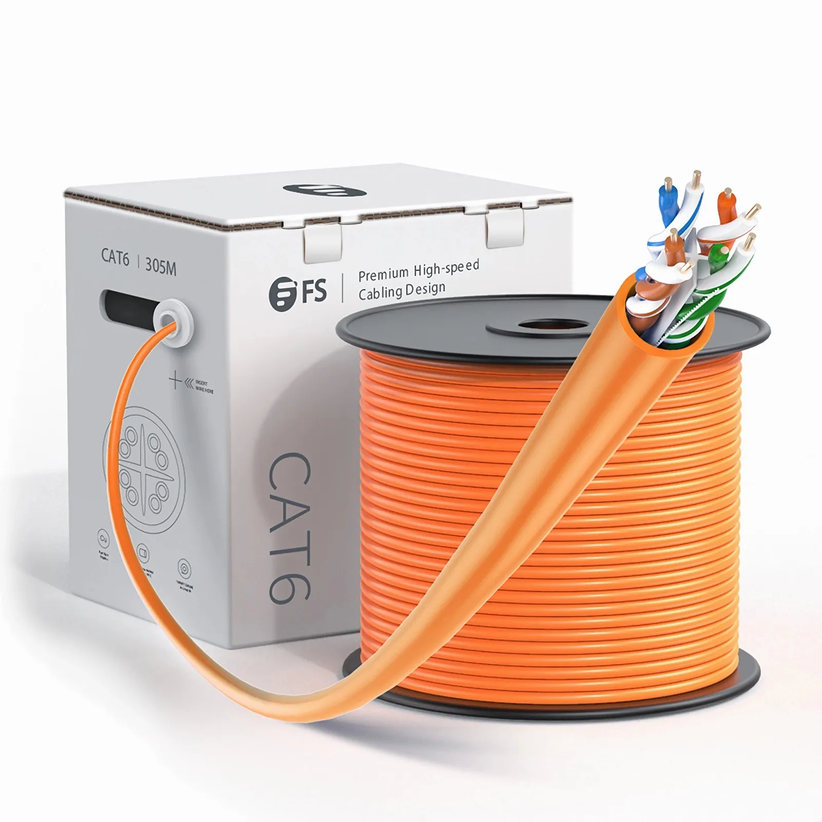 Cat6 Ethernet Solid Bulk Cable,1000ft, UTP, 23AWG, Orange - FS.com