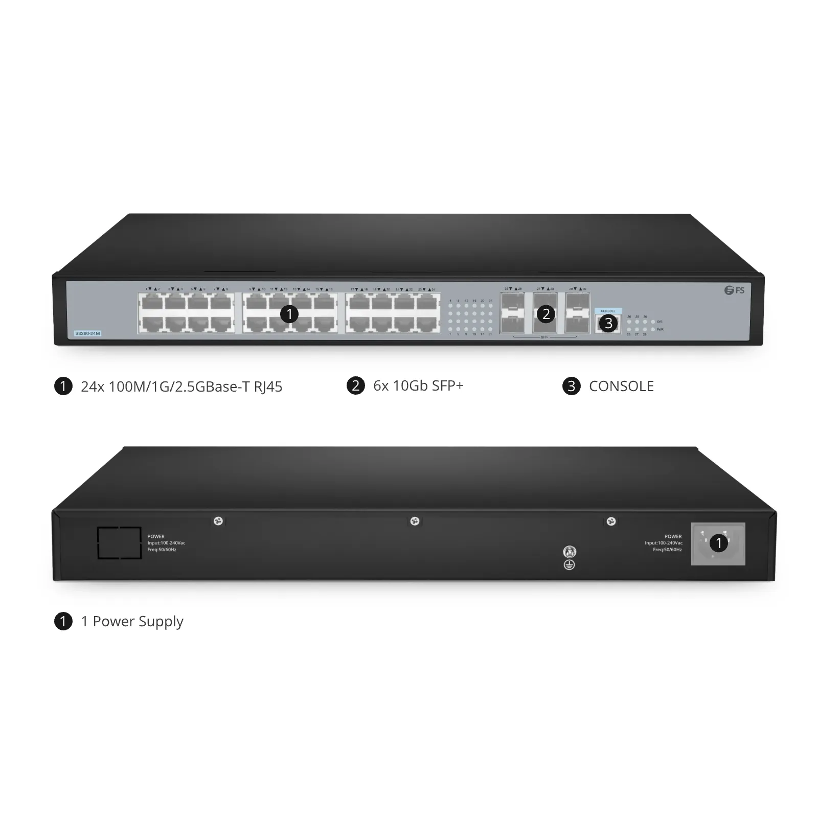 S3260-24M, 24-Port Ethernet L2+ Switch, 24 x 100M/1G/2.5GBase-T/Multi-Gigabit, with 6 x 10Gb SFP+ Uplinks, Stackable Switch