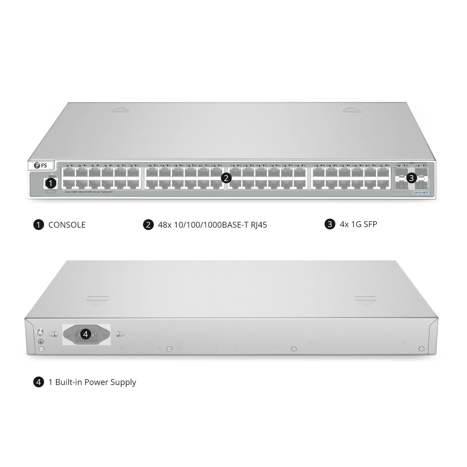 S3910-48TF, 48-Port Ethernet L2+ Switch, 48 x Gigabit RJ45, with 4 x 1Gb SFP Uplinks, Broadcom Chip