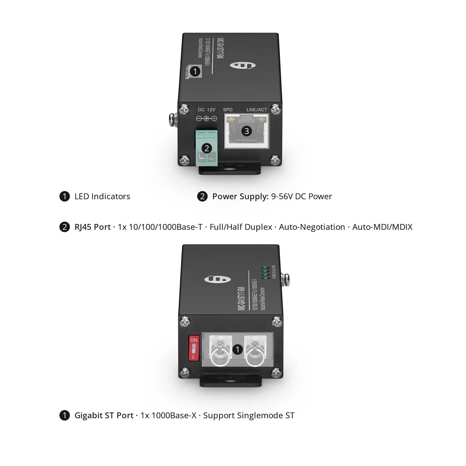 Mini Industrial Unmanaged 1x 10/100/1000Base-T RJ45 to 1x 1000Base-X Single Mode ST 1310nm 20km Gigabit Ethernet Media Converter, American Plug Standard