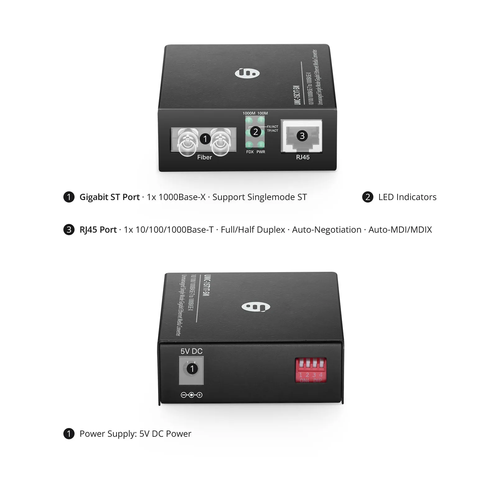 Unmanaged 1x 10/100/1000Base-T RJ45 to 1x 1000Base-X Single Mode ST 1310nm 20km Gigabit Ethernet Media Converter, American Plug Standard