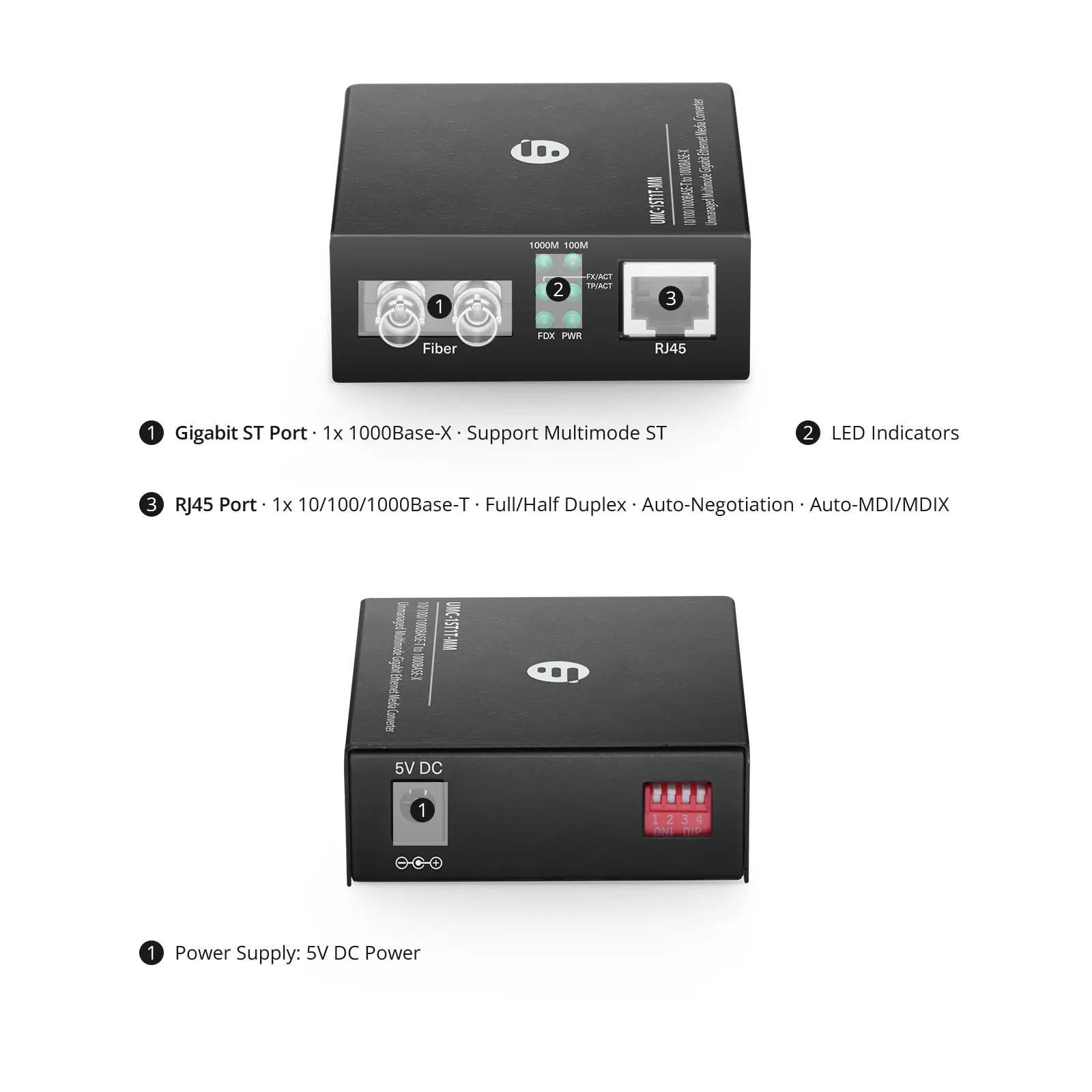 Unmanaged 1x 10/100/1000Base-T RJ45 to 1x 1000Base-X Multimode ST 850nm 220/550m Gigabit Ethernet Media Converter, American Plug Standard