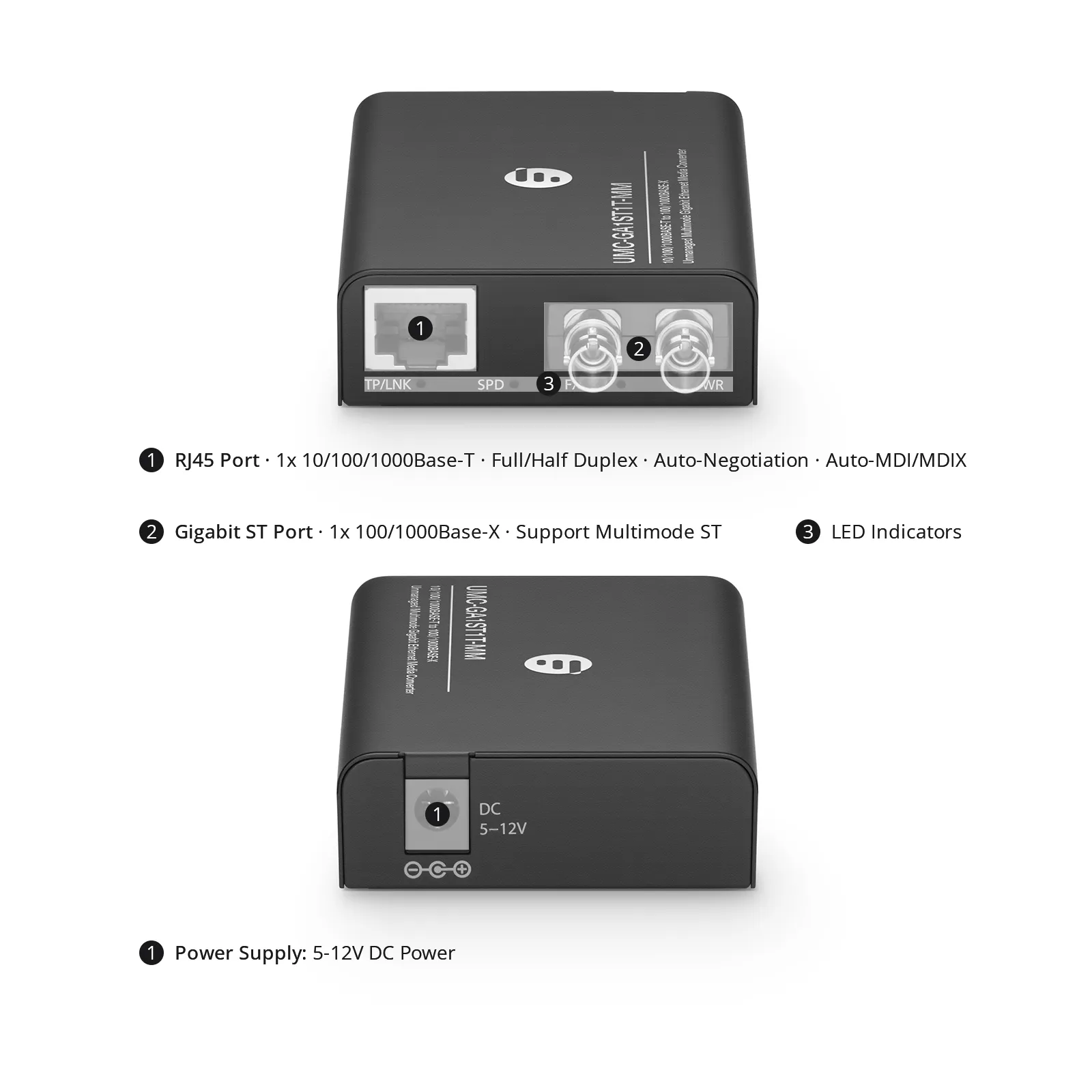 Mini Unmanaged 1x 10/100/1000Base-T RJ45 to 1x 100/1000Base-X Multimode ST 850nm 220/550m Gigabit Ethernet Media Converter, American Plug Standard