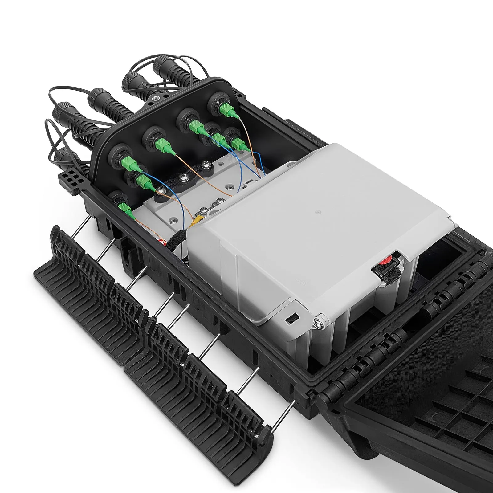 Universal Pre-Terminated Hub Box for Quick ODN, 1 Uncut Port, 8 SC/APC, Supports 1:2/1:4/1:8 Splitters, Mechanical Seal, PP+GF, IP65, Indoor/Outdoor, Wall/Pole/Aerial