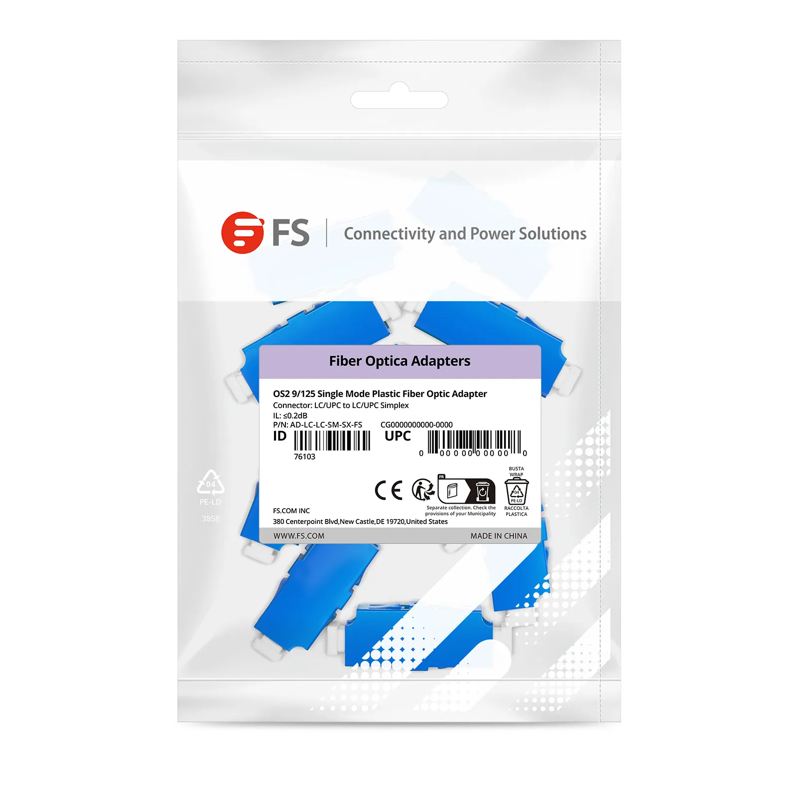 LC/UPC-LC/UPC シングルモード プラスチック製光ファイバアダプター/カプラー(シンプレックス、OS2、フランジなし、10pcs/パック)  - FS JAPAN株式会社