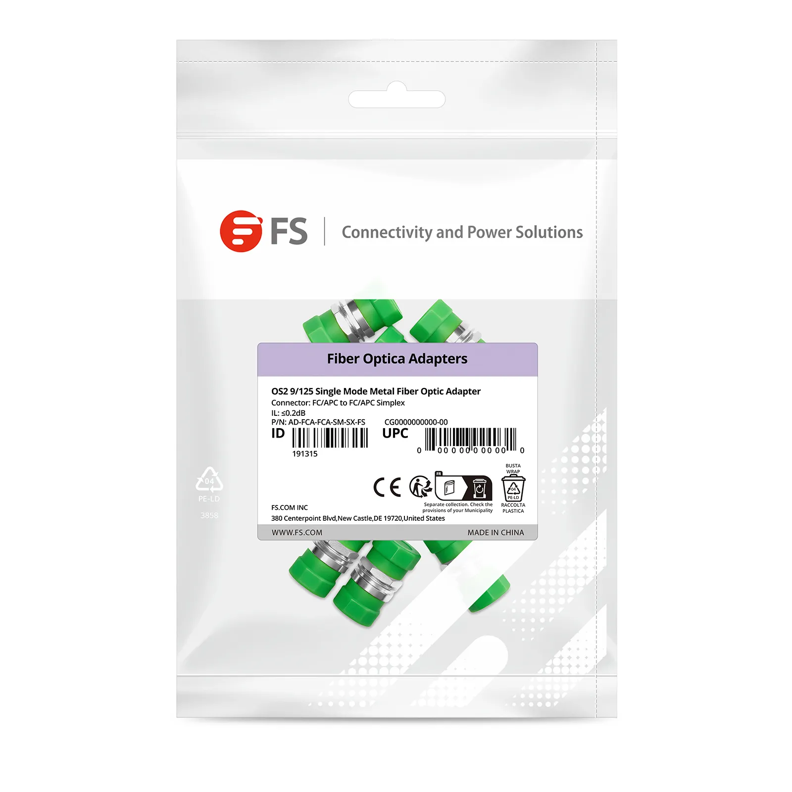 FC/APC-FC/APCシングルモード小型D光ファイバアダプタ/カプラー(シンプレックス、OS2、フランジなし、10pcs/パック) - FS  JAPAN株式会社