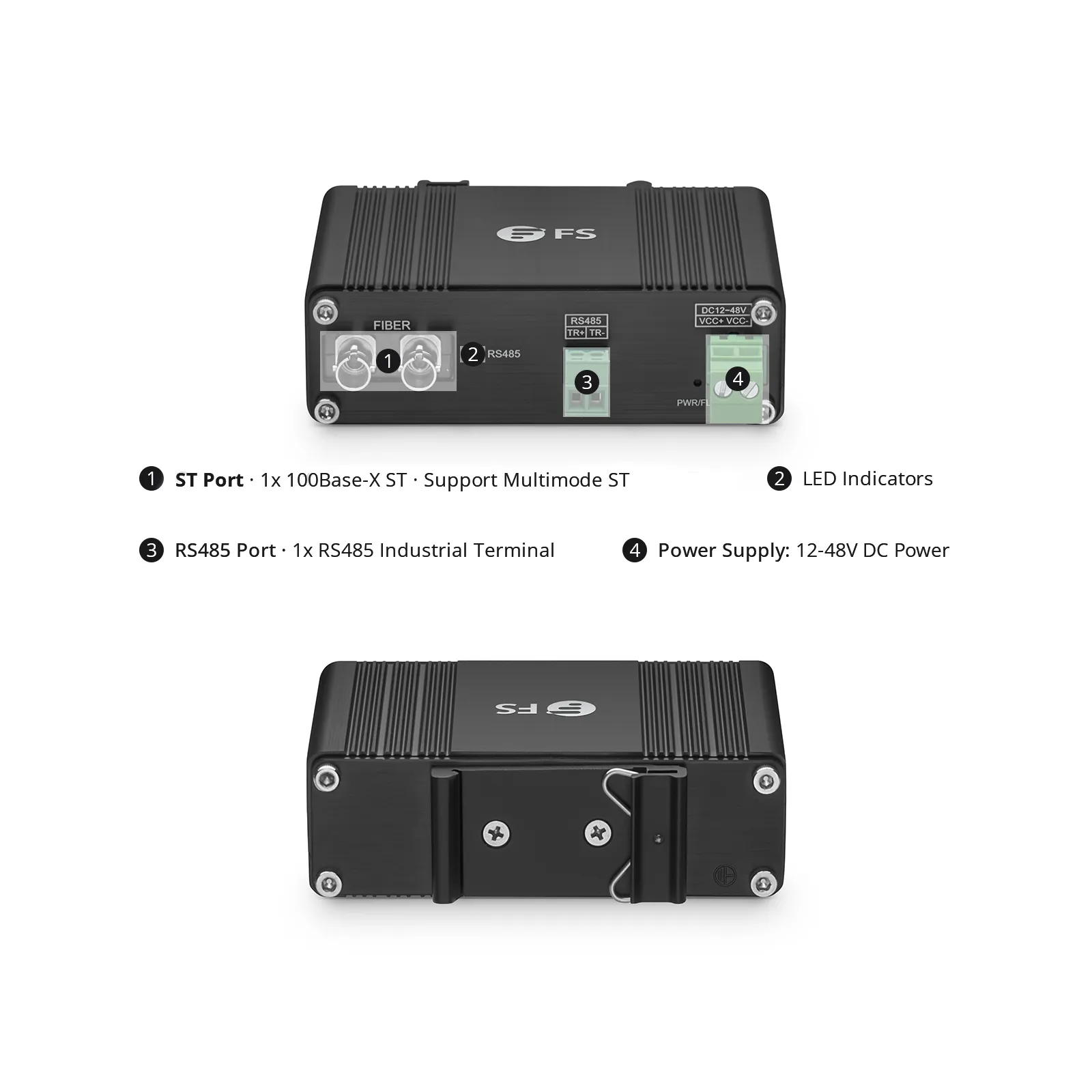 Industrial Unmanaged 1 x RS485 2-Wire to 1 x 100Base-X Multimode ST 850nm 550m Ethernet Media Converter