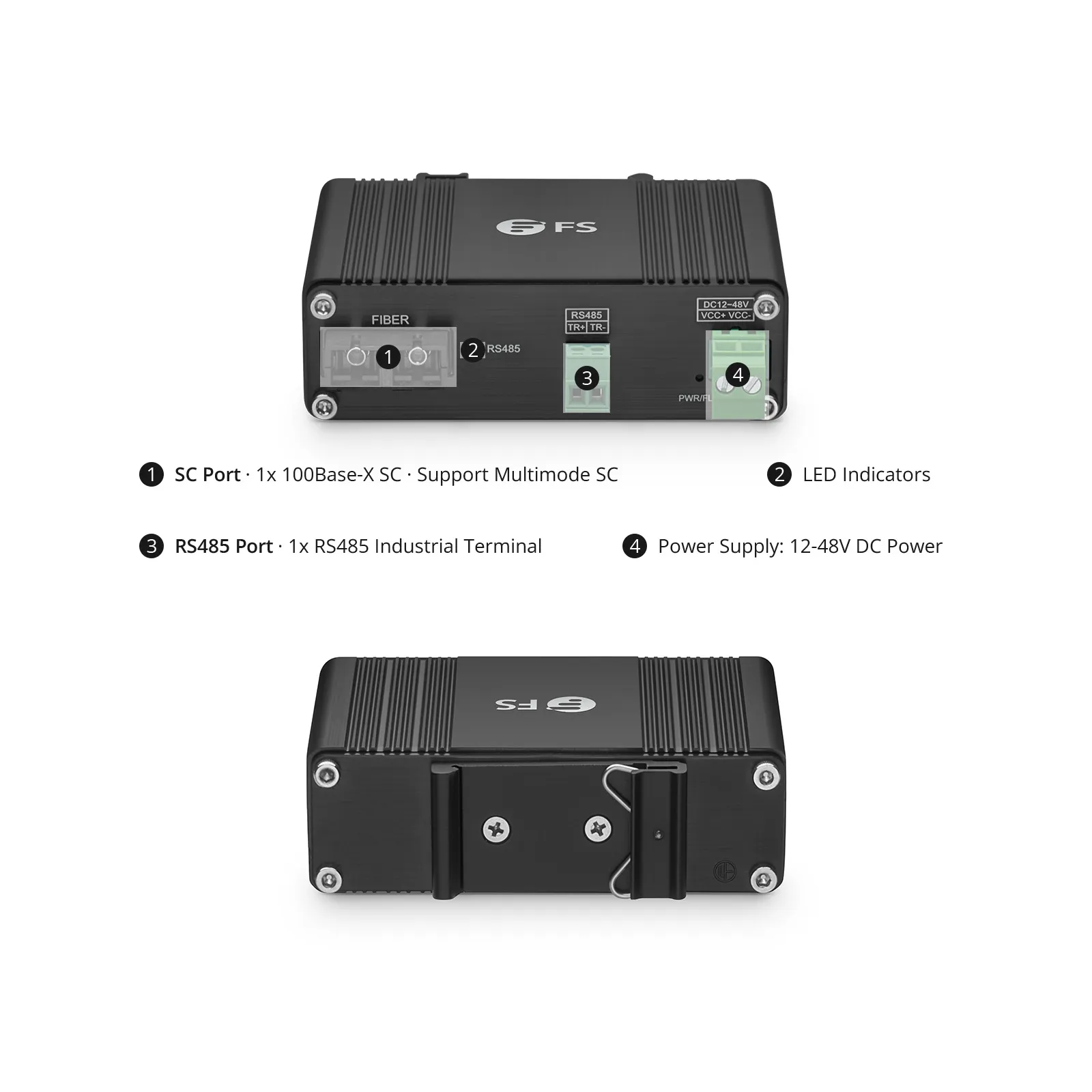 Industrial Unmanaged 1 x RS485 2-Wire to 1 x 100Base-X Multimode SC 850nm 550m Ethernet Media Converter