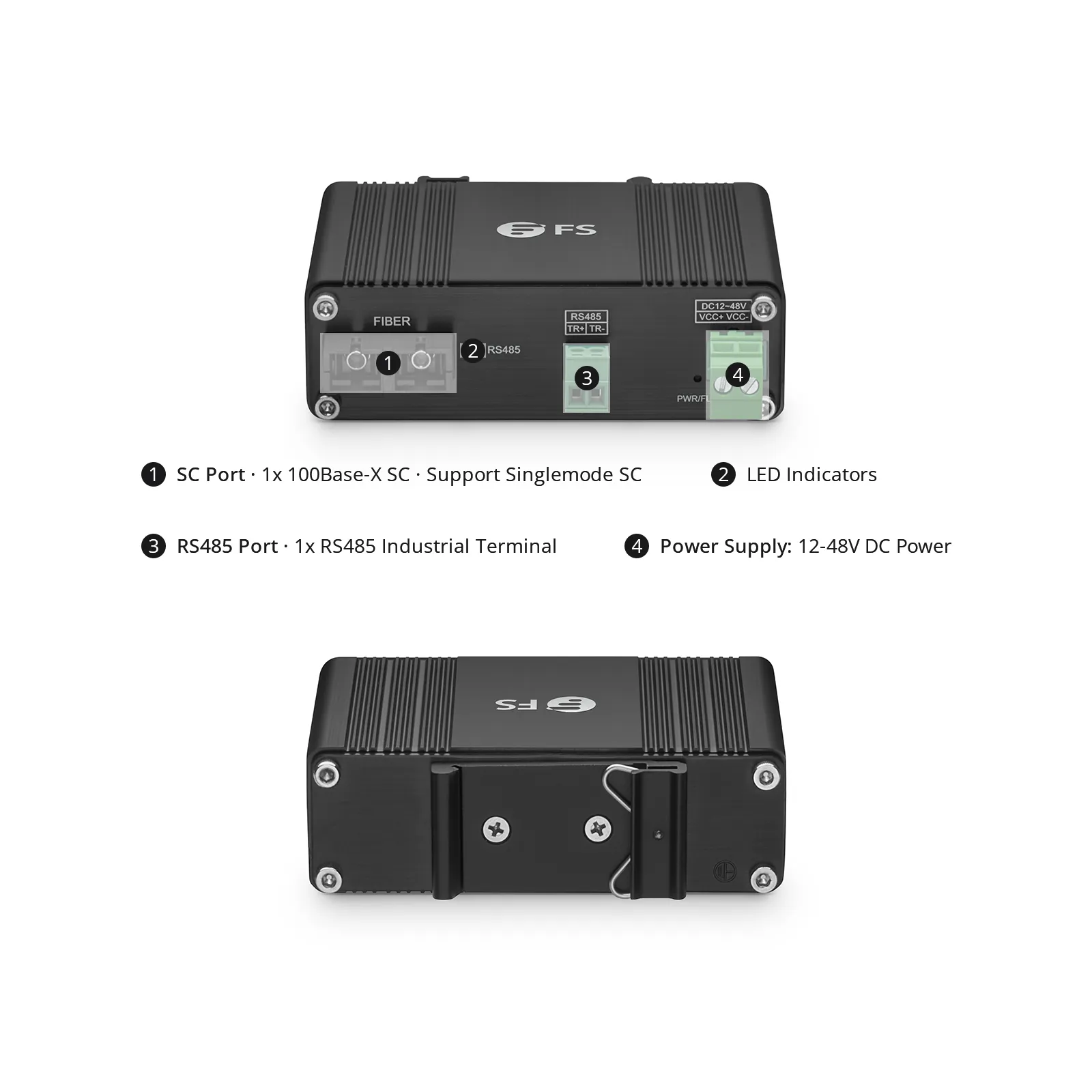 Industrial Unmanaged 1 x RS485 2-Wire to 1 x 100Base-X Single Mode SC 1310nm 20km Ethernet Media Converter