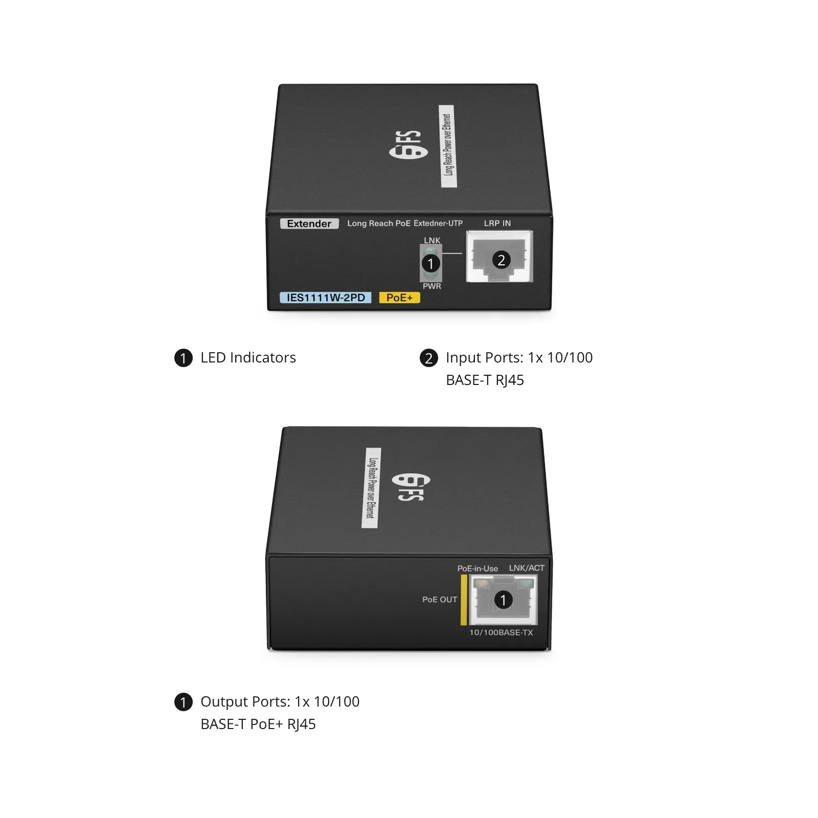 IES1111W-2PD, 1-Port 10/100M Fast Ethernet Long Reach PoE over UTP Extender, 1 x 10/100BASE-T RJ45 Input to 1 x PoE+ Output, -20 to 70°C Operating Temperature