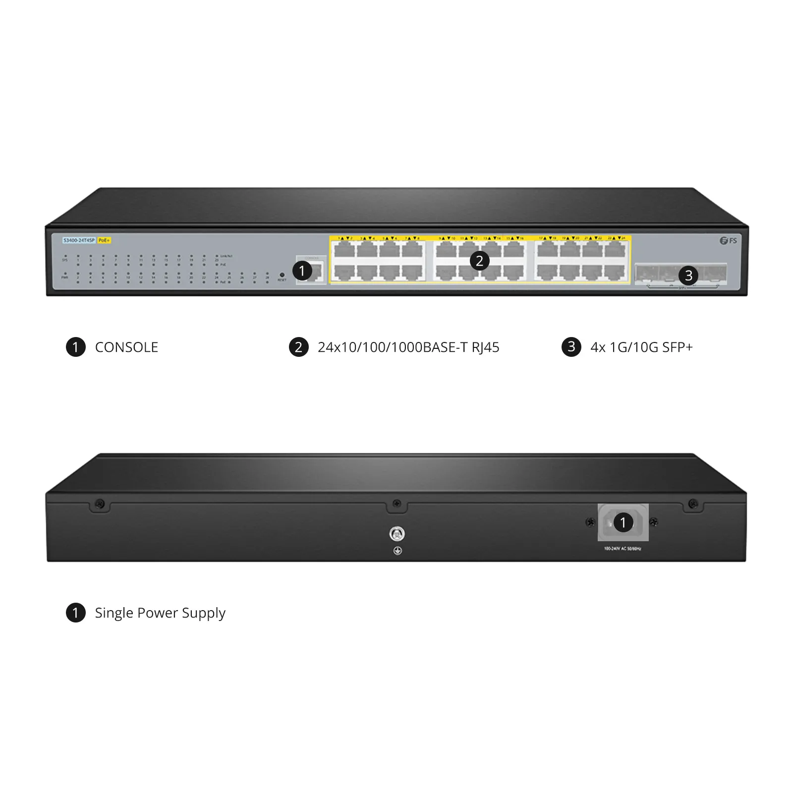 S3400-24T4SP、24ポート ギガビットイーサネットL2+ PoE+スイッチ(24x