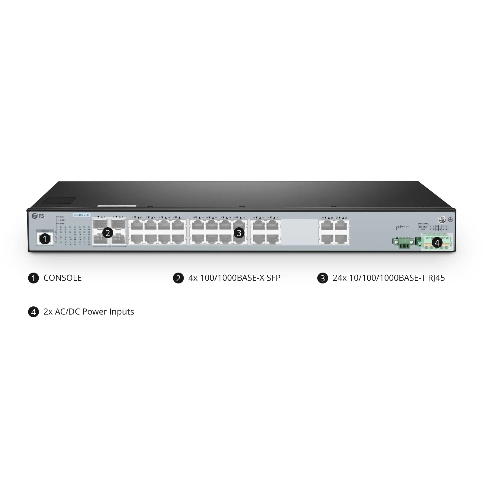 IES5100-24TF, 24-Port Gigabit Ethernet L2+ Managed Industrial Switch, 24 x 10/100/1000BASE-T, with 4 x 1Gb SFP, -40 to 85&deg;C Operating Temperature