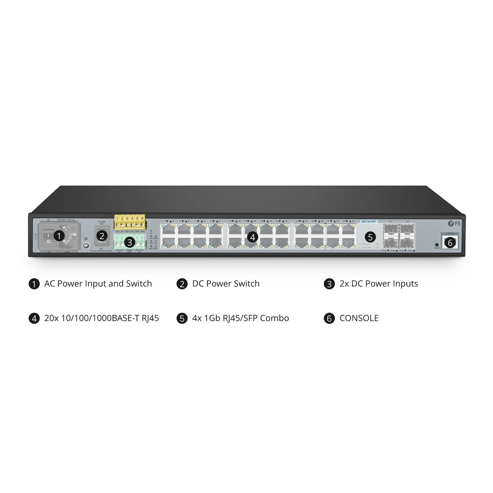 IES3110-24TF, 24-Port Gigabit Ethernet L2+ Managed Industrial Switch, 20 x 10/100/1000BASE-T, with 4 x 1Gb RJ45/SFP Combo, -40 to 75&deg;C Operating Temperature
