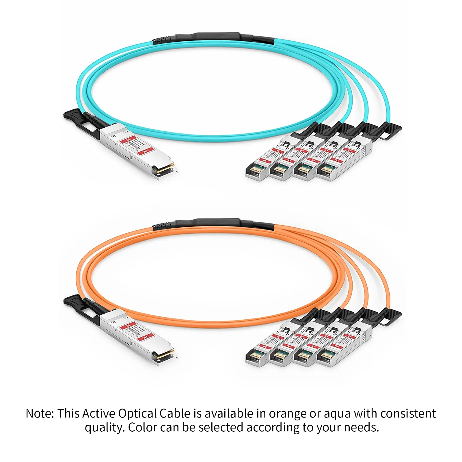 Customized 40G QSFP+ to 4 x 10G SFP+ Active Optical Breakout Cable, Aqua & Orange