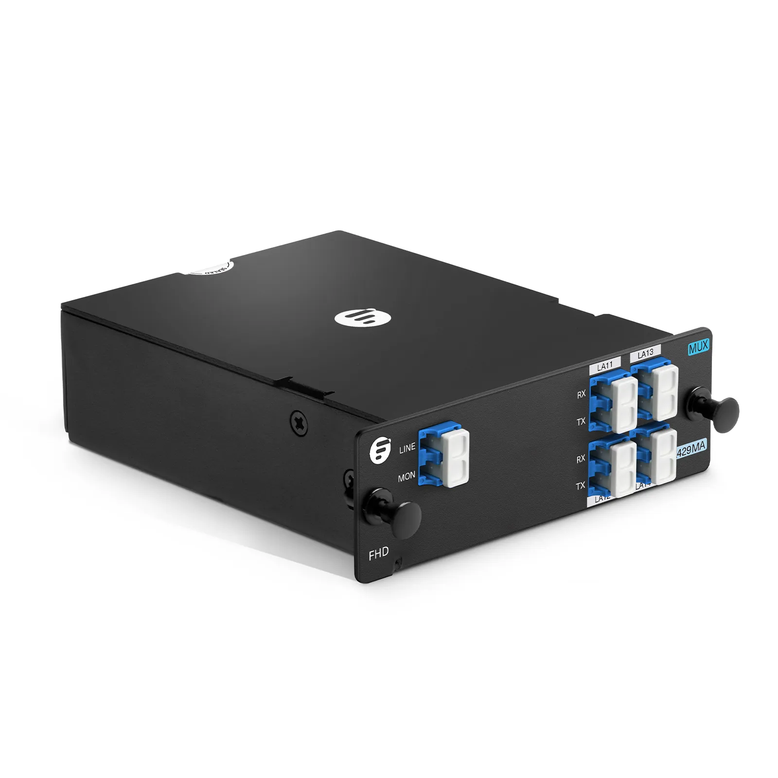 4 Channels LAN-WDM Mux Demux, 1295.56-1309.14nm, with Monitor Port, 2.8dB Typical IL, LC/UPC, Single Fiber, Side-A, High Density, FHD&reg; Plug-in Module