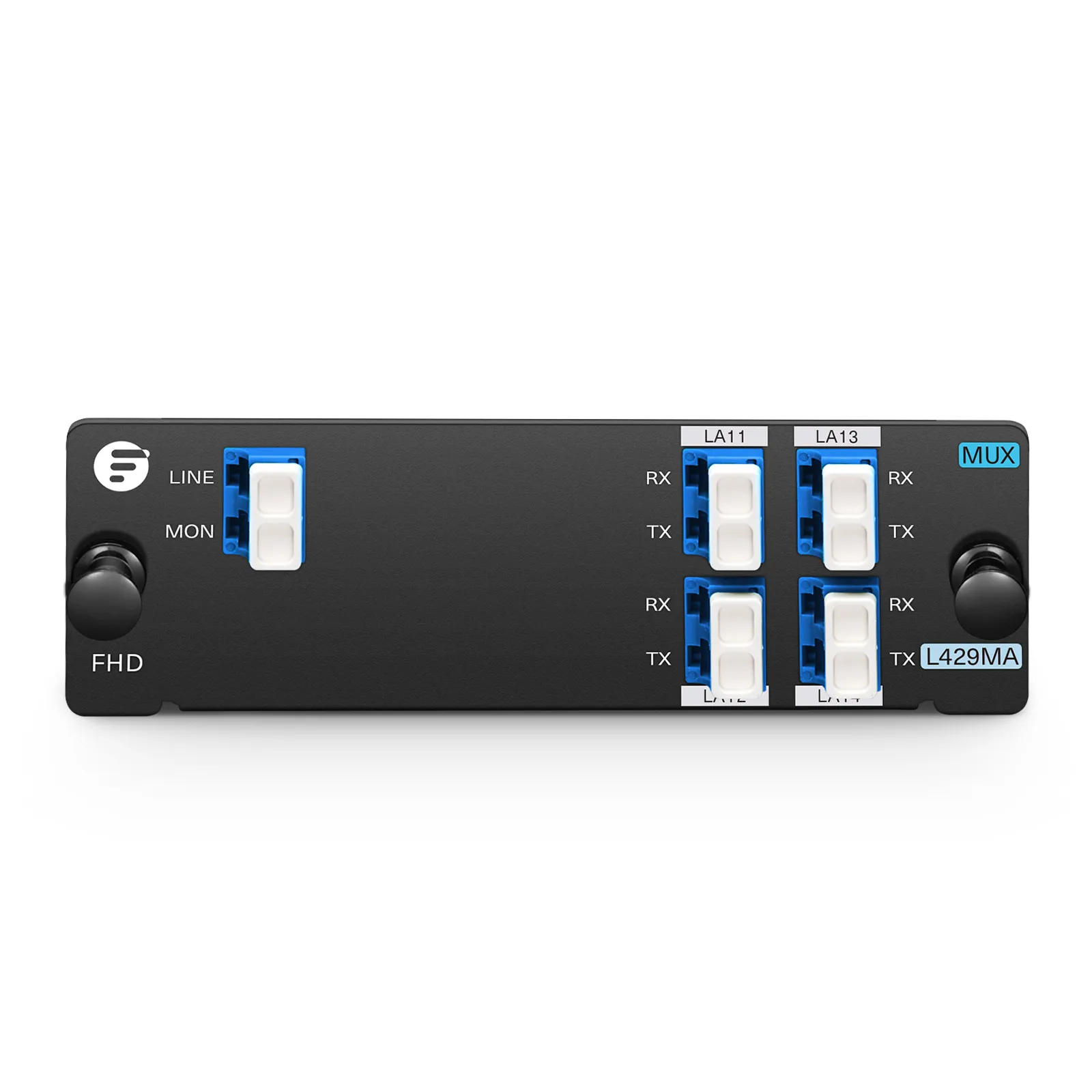 4 Channels LAN-WDM Mux Demux, 1295.56-1309.14nm, with Monitor Port, 2.8dB Typical IL, LC/UPC, Single Fiber, Side-A, High Density, FHD&reg; Plug-in Module