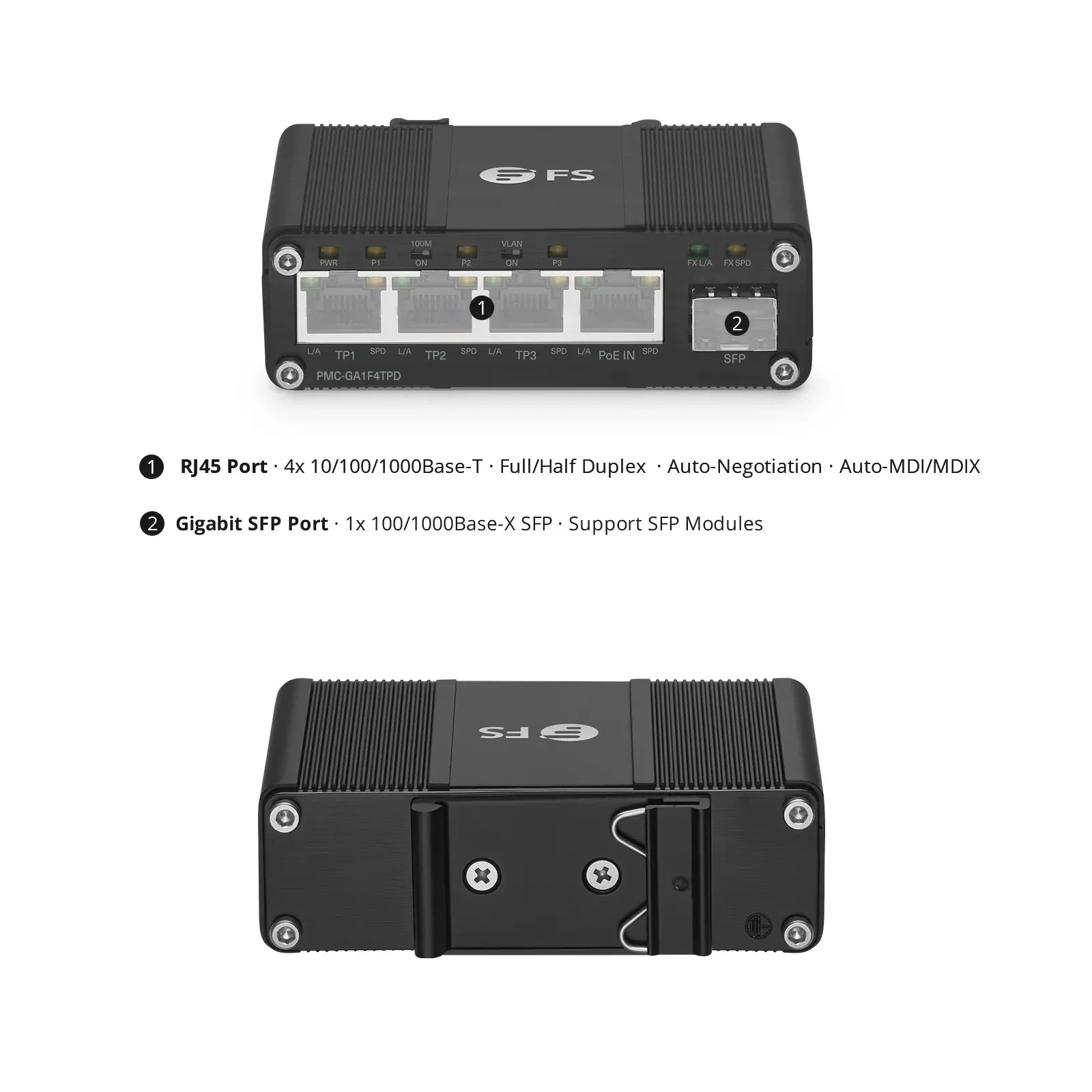 4 x 10/100/1000Base-T RJ45対応、1 x 100/1000Base-X SFP対応 アン