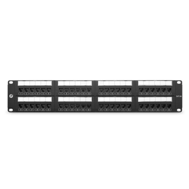 Cat6a 110-Style Patch Panel, 48-Port, 2RU, Cable Management Bar Included