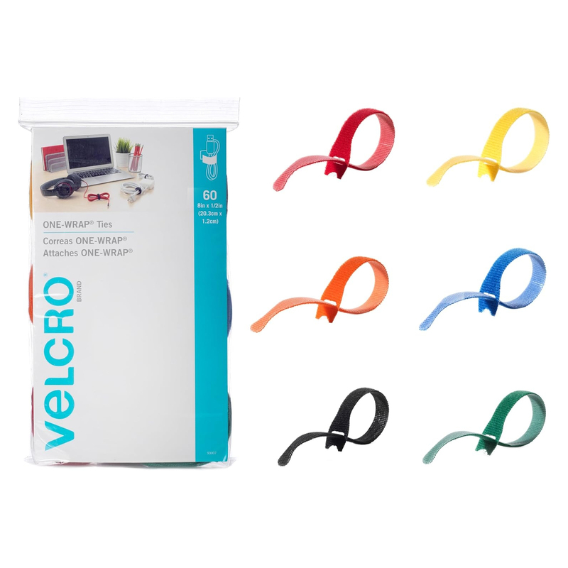 VELCRO&reg; Brand ONE-WRAP&reg; Straps 1/2" x 8", 60Pcs/Pack, Assorted Colors
