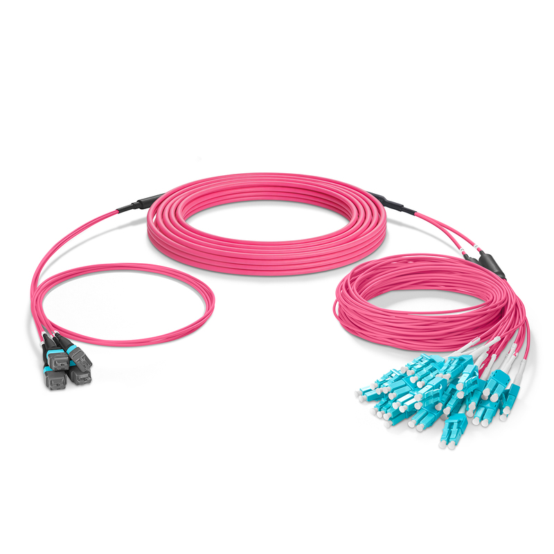 30m (98ft) MTP&reg; Hybrid Trunk Cable, MTP&reg;-12 UPC (Female) to 6 LC UPC Duplex Uniboot, 48 Fibers, Multimode (OM4), Plenum (OFNP), 0.20dB Max, Type B, Double Jacket