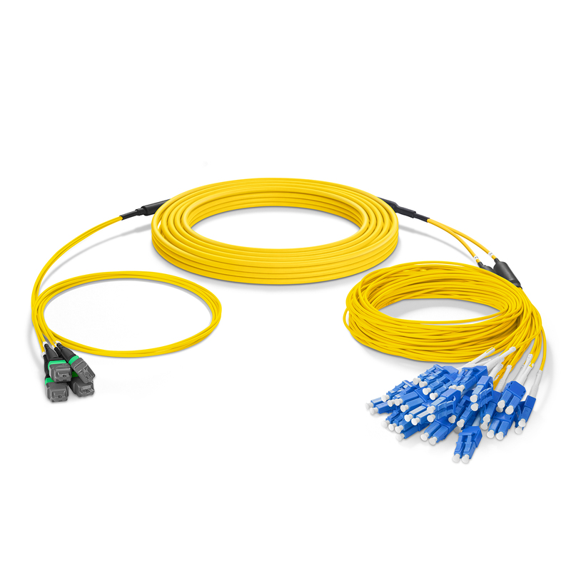 30m (98ft) MTP&reg; Hybrid Trunk Cable, MTP&reg;-12 APC (Female) to 6 LC UPC Duplex Uniboot, 48 Fibers, Single Mode (OS2), Plenum (OFNP), 0.35dB Max, Type B, Double Jacket