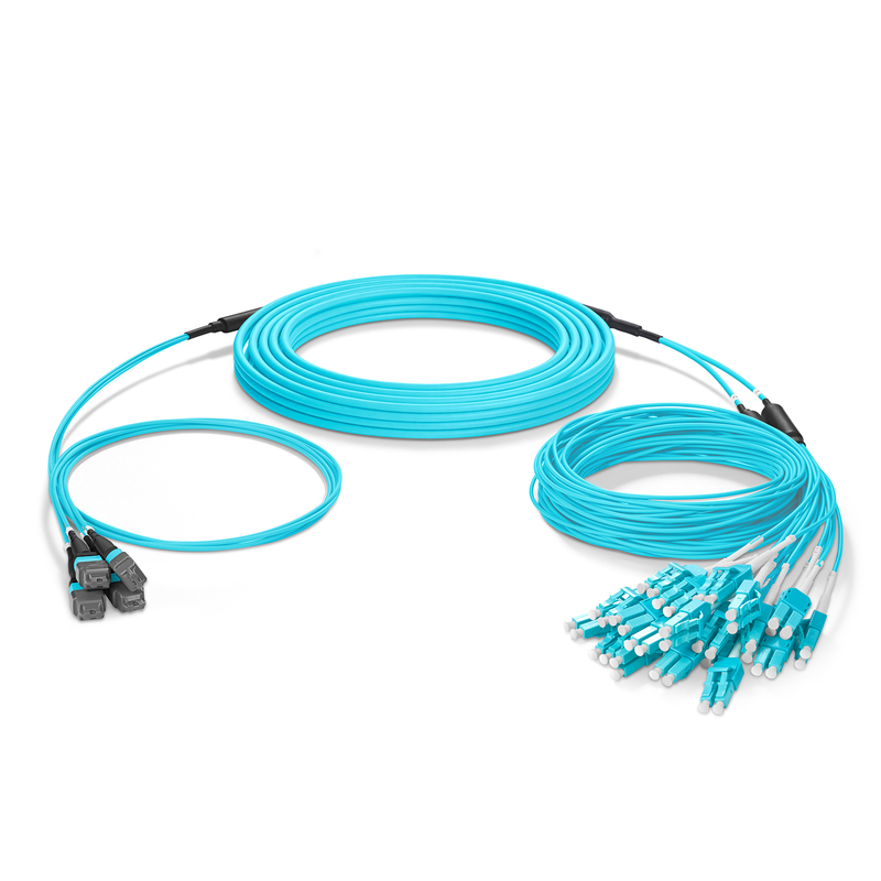 30m (98ft) MTP&reg; Hybrid Trunk Cable, MTP&reg;-12 UPC (Female) to 6 LC UPC Duplex Uniboot, 48 Fibers, Multimode (OM3), Plenum (OFNP), 0.20dB Max, Type B, Double Jacket