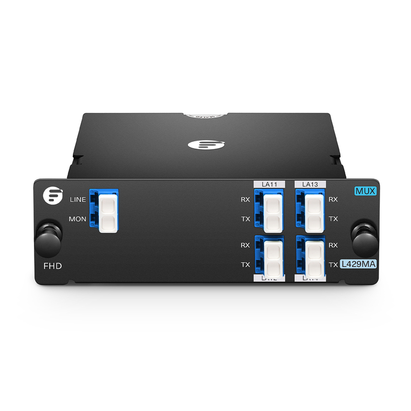 4 Channels LAN-WDM Mux Demux, 1295.56-1309.14nm, with Monitor Port, 2.8dB Typical IL, LC/UPC, Single Fiber, Side-A, High Density, FHD&reg; Plug-in Module