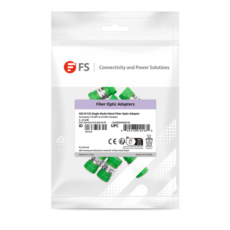 FC/APC to FC/APC Simplex OS2 Single Mode Metal Small D Fiber Optic Adapter/Coupler without Flange (10pcs/pack)