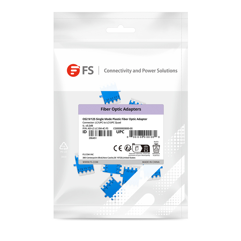 LC/UPC to LC/UPC Quad OS2 Single Mode Plastic Fiber Optic Adapter/Coupler with Flange, 10Pcs/Pack