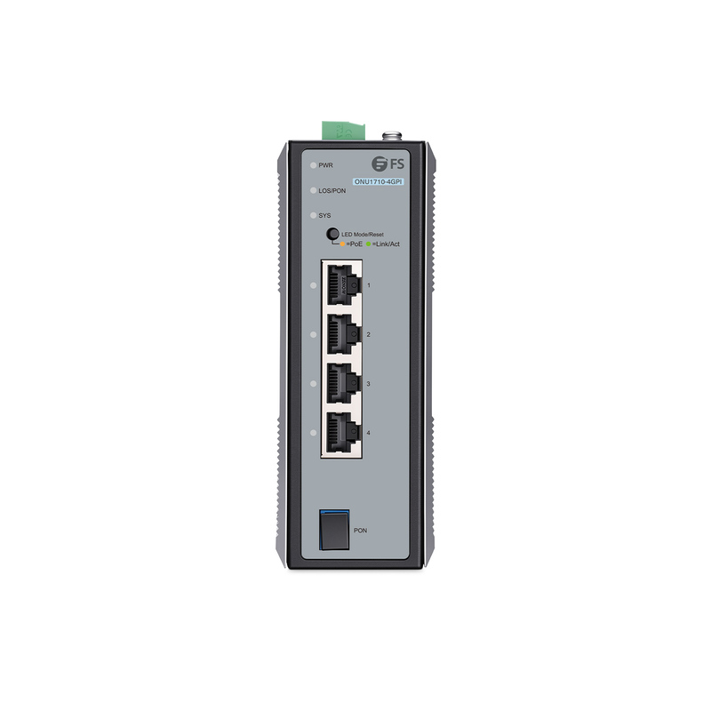ONU1710-4GPI, XPON MDU ONU industriale, con 1x PON, 4x GE PoE/PoE+, montaggio su guida DIN