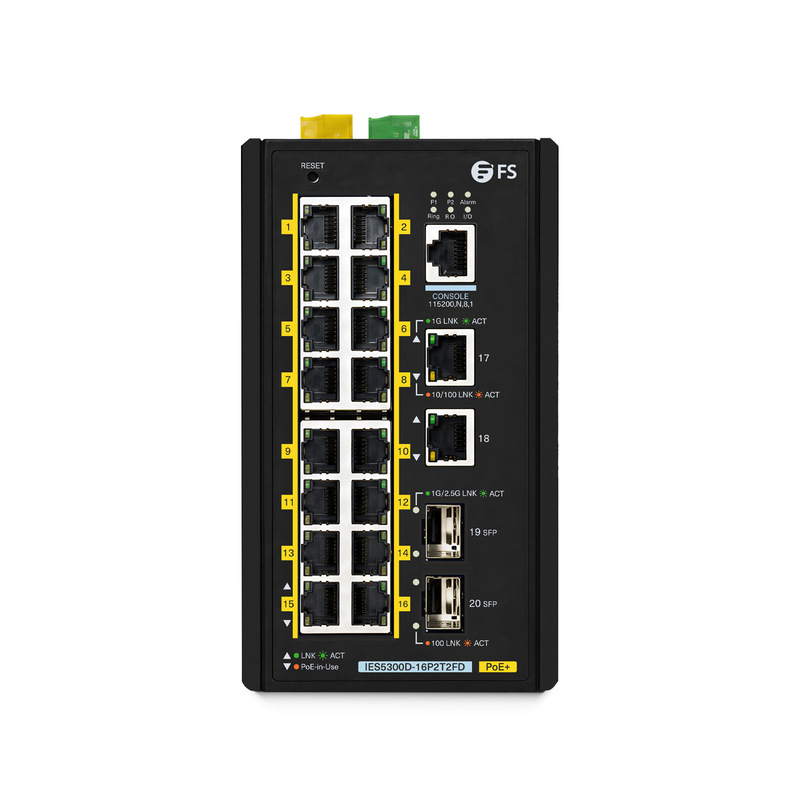 IES5300D-16P2T2FD，18个1Gb RJ45，2个1/2.5Gb SFP，三层管理型工业PoE+交换机