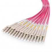 10m (33ft) MTP® Harness, MTP®-16 APC (Female) to 8 x LC UPC Duplex, 16 Fibers, Multimode (OM4), Plenum (OFNP), 0.35dB Max, Crossover, Magenta This picture is about 16FMTPLCOM4.