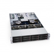 Servidor de montaje en rack 2U, RS7260-V2, dos procesadores escalables Intel® Xeon®, hasta 8 TB de DRAM, 12 bahías de unidad híbridas NVMe/SATA/SAS de 3.5'' de intercambio en caliente, 2 puertos RJ45 de 10GbE, 1200W redundantes Esta imagen trata sobre RS7260-V2.