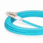 5m (16ft) Fiber Patch Cable, 2 Fibers, Short Boot, LC UPC Duplex to LC UPC Duplex, Multimode (OM3), Riser (OFNR), 2.0mm, Tight-Buffered, Aqua This picture is about OM3LCSDX.