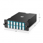 FHD™ MTP®-LCカセット、OM4マルチモード、タイプA、24芯、MTP®-24(オス)- 12 x LCデュプレックス(アクア)、0.35dB最大IL この写真はFHD-1MTP12LCDOM4Aに関するものです。