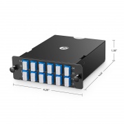 FHD™ MTP®-LCカセット、OS2シングルモード、タイプAF、24芯、MTP®-24(オス)- 12 x LCデュプレックス(ブルー)、最大0.35dB この写真はFHD-1MTP12LCDOS2AFに関するものです。