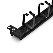 Organizador de cables pasante horizontal, 1RU, 4 anillos en D y tira de cepillo, 3.46 pulgadas de profundidad Esta imagen trata sobre CMH-4DRB1U.