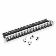Cat5e Coupler Patch Panel, 24-Port, 1RU, Cable Management Bar Included This picture is about C5EP-S24FT1U.