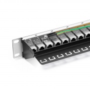 Cat5e Coupler Patch Panel, 24-Port, 1RU, Cable Management Bar Included This picture is about C5EP-S24FT1U.