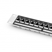 Cat5e Coupler Patch Panel, 24-Port, 1RU, Cable Management Bar Included This picture is about C5EP-S24FT1U.