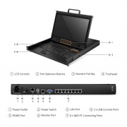 Conmutador KVM sobre IP de montaje en rack de 1U y 8 puertos Cat5 con LCD de 17" Full HD, 8 módulos de interfaz RJ45 a VGA incluidos Esta imagen trata sobre .
