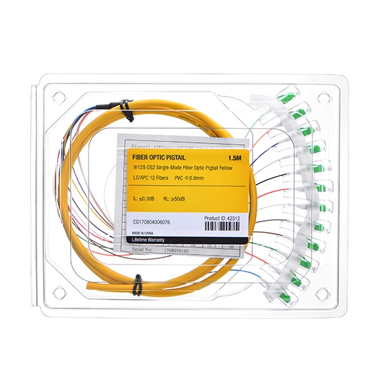 1.5m (5ft) LC APC 12 Fibers OS2 Single Mode Bunch PVC (OFNR) 0.9mm Fiber Optic Pigtail