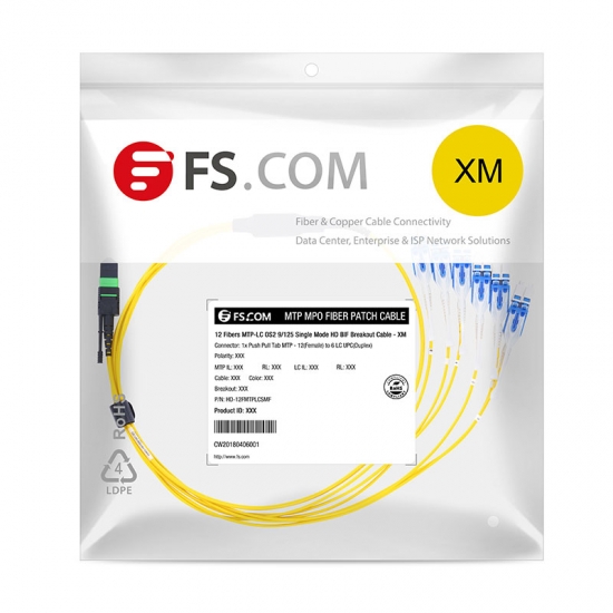 Customized Length MTP® Female to 6 LC Uniboot with Push Pull Tabs 12 Fibers Type A LSZH OS2 9/125 Single Mode Elite HD BIF Breakout Cable, Yellow